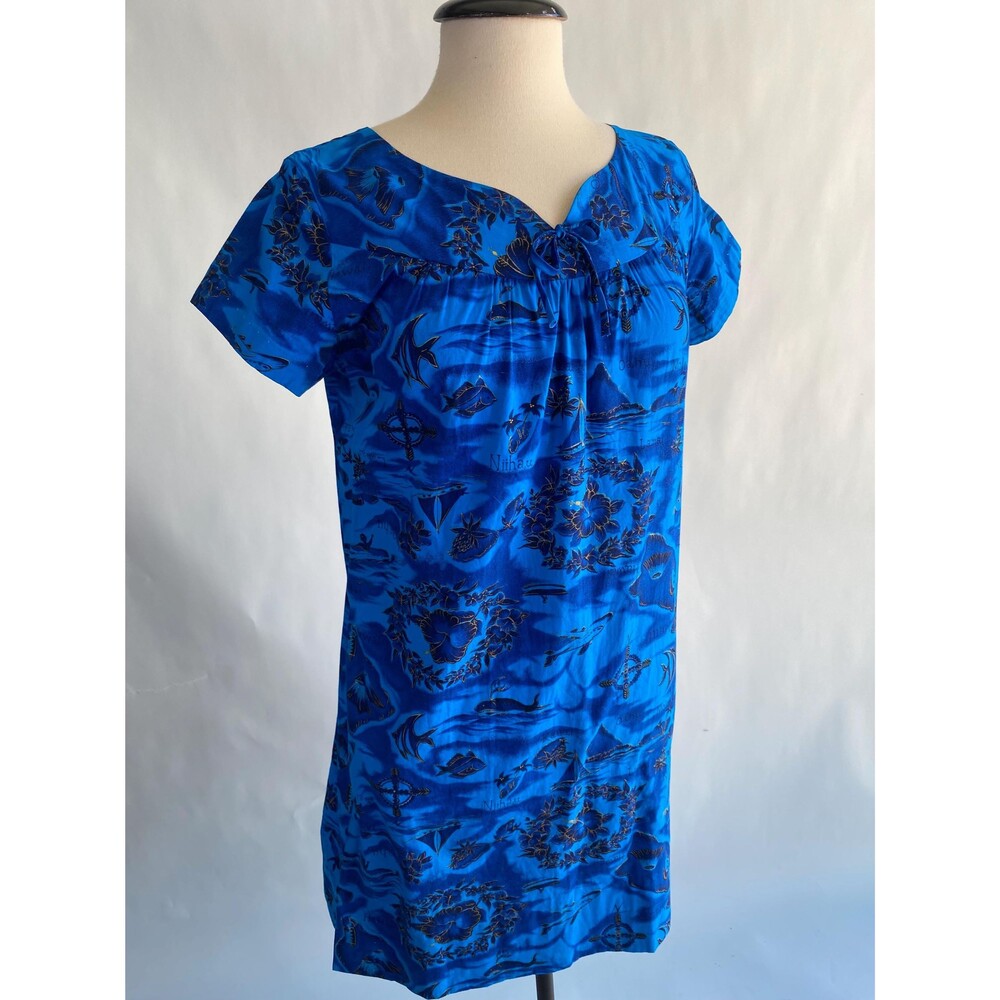 Vintage 1960s Ui Mai Kai Hawaiian MuuMuu Dress: Blue Tiki Print Cotton Medium